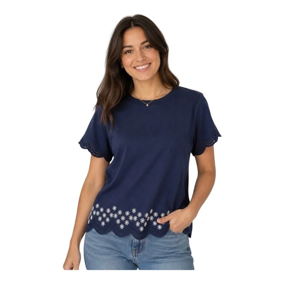 J. Crew Premium-Weight Relaxed Floral Embroidered Scalloped Tee Blue White XS